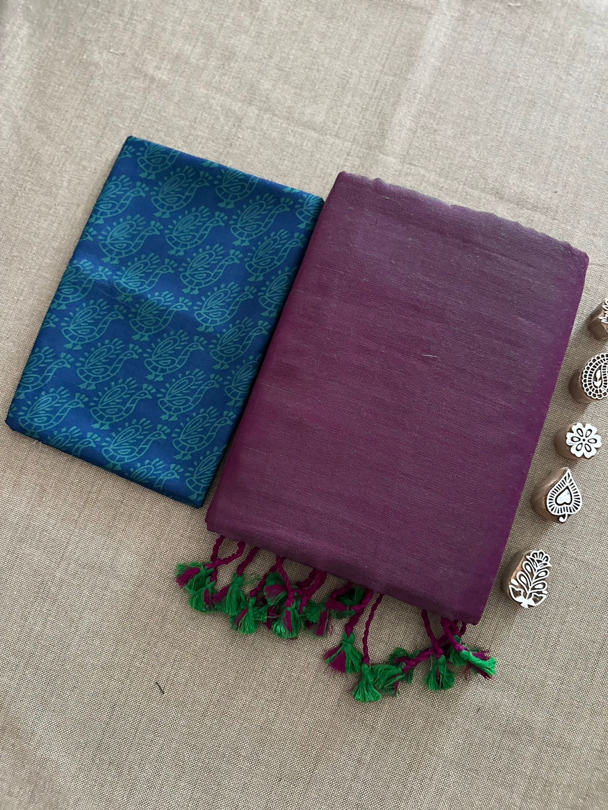 Two Ton Khadi Cotton Saree With Small Peacock Digital Print Blouse